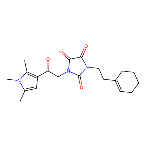 1-[2-(cyclohexen-1-yl)ethyl]-3-[2-oxo-2-(1,2,5-trimethylpyrrol-3-yl)ethyl]imidazolidine-2,4,5-trione structure