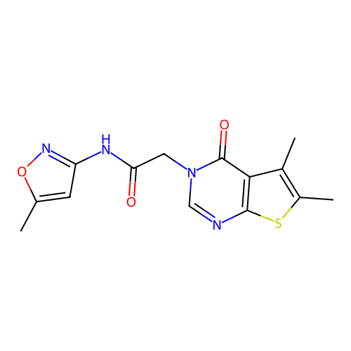 2-(5,6-dimethyl-4-oxothieno[2,3-d]pyrimidin-3-yl)-N-(5-methyl-1,2-oxazol-3-yl)acetamide structure