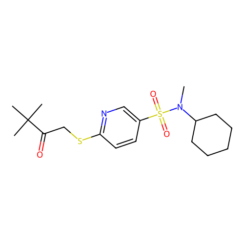 N-cyclohexyl-6-(3,3-dimethyl-2-oxobutyl)sulfanyl-N-methylpyridine-3-sulfonamide structure