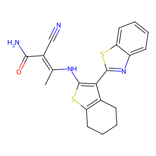 (E)-3-[[3-(1,3-benzothiazol-2-yl)-4,5,6,7-tetrahydro-1-benzothiophen-2-yl]amino]-2-cyanobut-2-enamide structure