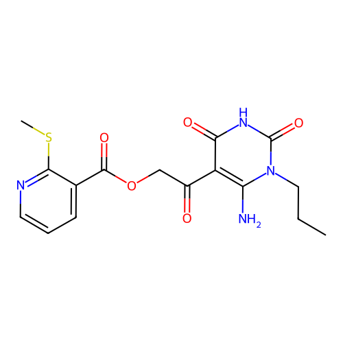 [2-(6-amino-2,4-dioxo-1-propylpyrimidin-5-yl)-2-oxoethyl] 2-methylsulfanylpyridine-3-carboxylate structure