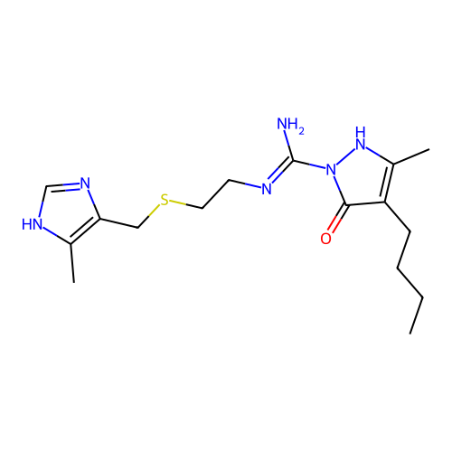 4-butyl-5-methyl-N'-[2-[(5-methyl-1H-imidazol-4-yl)methylsulfanyl]ethyl]-3-oxo-1H-pyrazole-2-carboximidamide structure