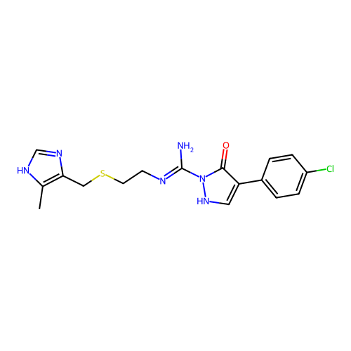4-(4-chlorophenyl)-N'-[2-[(5-methyl-1H-imidazol-4-yl)methylsulfanyl]ethyl]-3-oxo-1H-pyrazole-2-carboximidamide structure