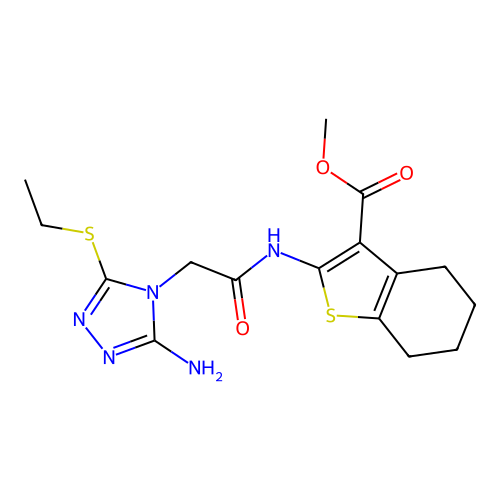 methyl 2-[[2-(3-amino-5-ethylsulfanyl-1,2,4-triazol-4-yl)acetyl]amino]-4,5,6,7-tetrahydro-1-benzothiophene-3-carboxylate structure