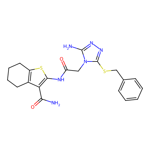 2-[[2-(3-amino-5-benzylsulfanyl-1,2,4-triazol-4-yl)acetyl]amino]-4,5,6,7-tetrahydro-1-benzothiophene-3-carboxamide structure