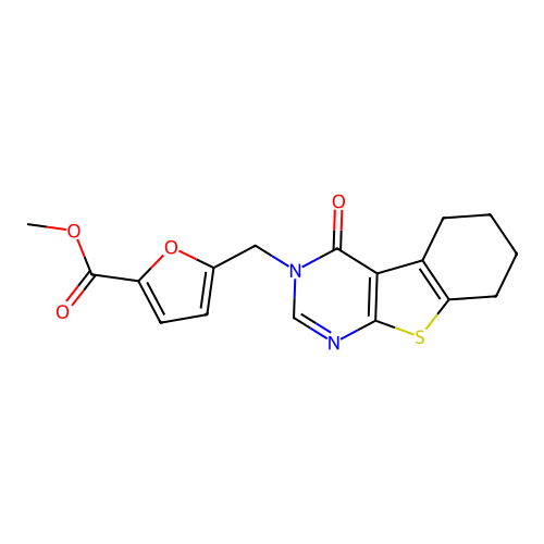 methyl 5-((4-oxo-5,6,7,8-tetrahydrobenzo[4,5]thieno[2,3-d]pyrimidin-3(4H)-yl)methyl)furan-2-carboxylate structure