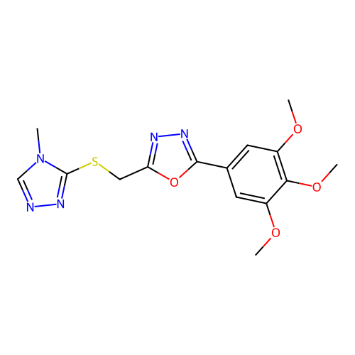 2-{[(4-methyl-4H-1,2,4-triazol-3-yl)sulfanyl]methyl}-5-(3,4,5-trimethoxyphenyl)-1,3,4-oxadiazole structure