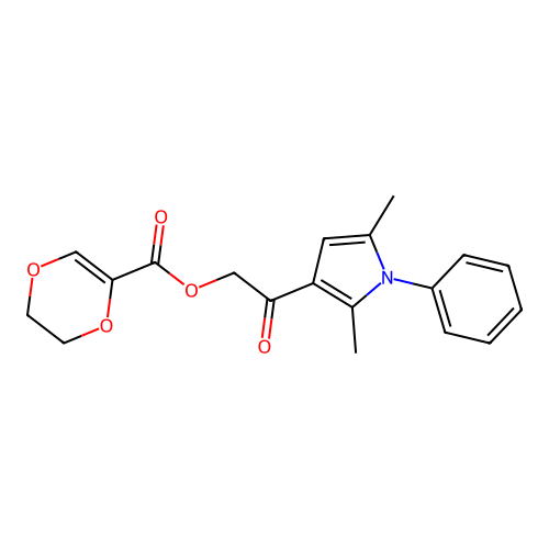 [2-(2,5-dimethyl-1-phenylpyrrol-3-yl)-2-oxoethyl] 2,3-dihydro-1,4-dioxine-5-carboxylate structure