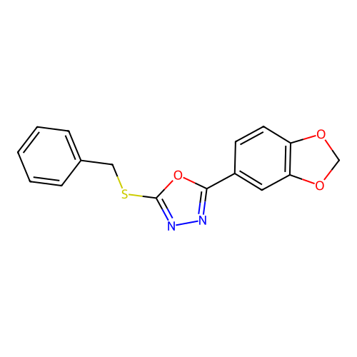 2-(Benzo[1,3]dioxol-5-yl)-5-benzylsulfanyl-[1,3,4]oxadiazole structure