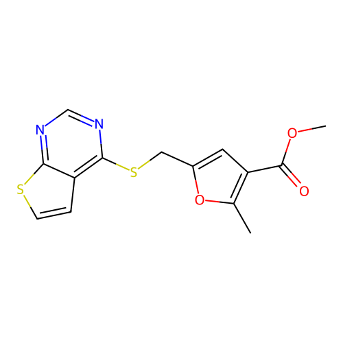 Methyl 2-methyl-5-(thieno[2,3-d]pyrimidin-4-ylsulfanylmethyl)furan-3-carboxylate structure
