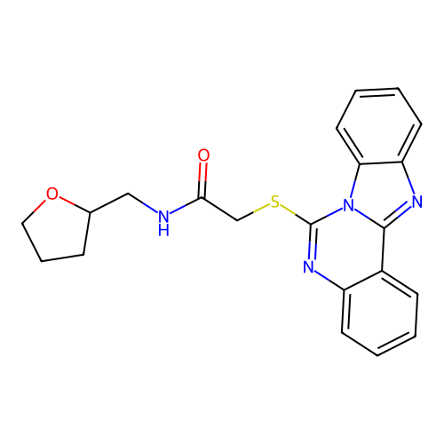 2-(benzimidazolo[1,2-c]quinazolin-6-ylsulfanyl)-N-(oxolan-2-ylmethyl)acetamide structure