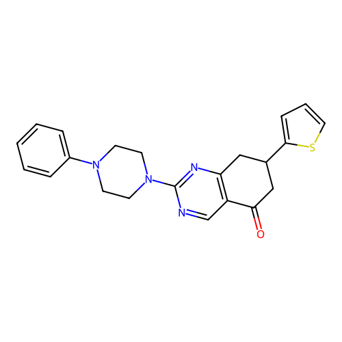 2-(4-phenylpiperazin-1-yl)-7-(thiophen-2-yl)-7,8-dihydroquinazolin-5(6H)-one structure