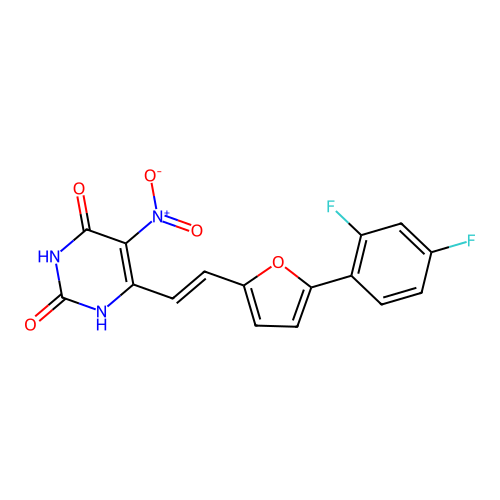 6-{(E)-2-[5-(2,4-difluorophenyl)furan-2-yl]ethenyl}-5-nitropyrimidine-2,4-diol structure