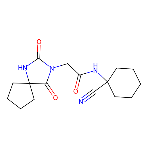 N-(1-cyanocyclohexyl)-2-{2,4-dioxo-1,3-diazaspiro[4.4]nonan-3-yl}acetamide structure