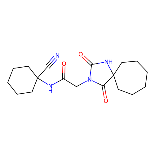 N-(1-cyanocyclohexyl)-2-{2,4-dioxo-1,3-diazaspiro[4.6]undecan-3-yl}acetamide structure