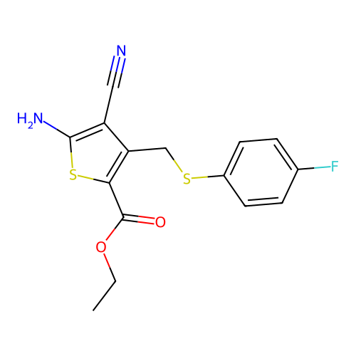 5-amino-4-cyano-3-[[(4-fluorophenyl)thio]methyl]-2-thiophenecarboxylic acid ethyl ester structure