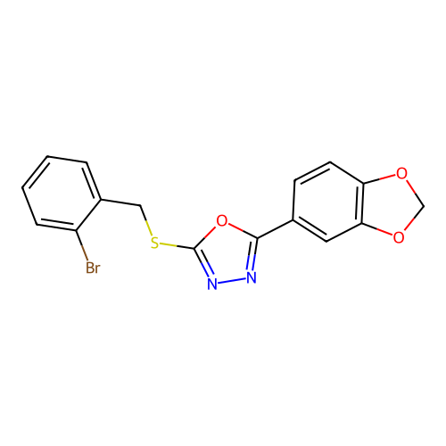 2-(1,3-Benzodioxol-5-yl)-5-[[(2-bromophenyl)methyl]thio]-1,3,4-oxadiazole structure