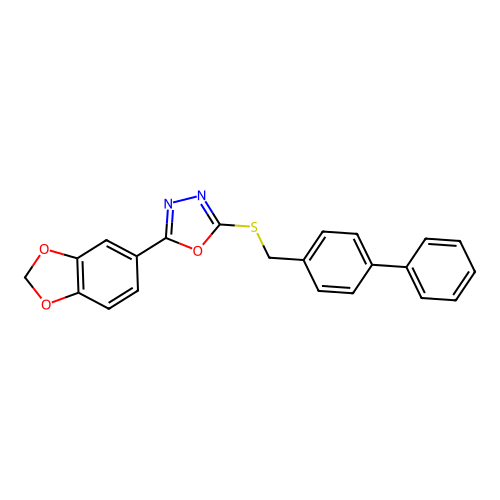 2-(1,3-dioxaindan-5-yl)-5-[({[1,1'-biphenyl]-4-yl}methyl)sulfanyl]-1,3,4-oxadiazole structure