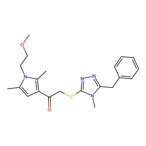 2-((5-benzyl-4-methyl-4H-1,2,4-triazol-3-yl)thio)-1-(1-(2-methoxyethyl)-2,5-dimethyl-1H-pyrrol-3-yl)ethanone structure