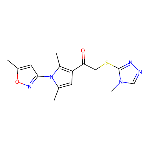 1-[2,5-dimethyl-1-(5-methyl-1,2-oxazol-3-yl)pyrrol-3-yl]-2-[(4-methyl-1,2,4-triazol-3-yl)sulfanyl]ethanone structure