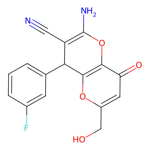 2-amino-4-(3-fluorophenyl)-6-(hydroxymethyl)-8-oxo-4,8-dihydropyrano[3,2-b]pyran-3-carbonitrile structure