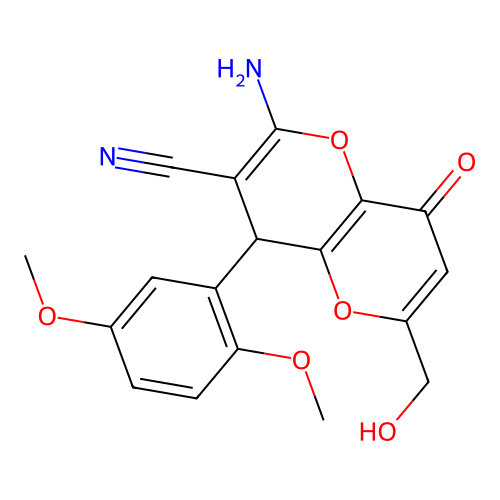 2-amino-4-(2,5-dimethoxyphenyl)-6-(hydroxymethyl)-8-oxo-4,8-dihydropyrano[3,2-b]pyran-3-carbonitrile structure
