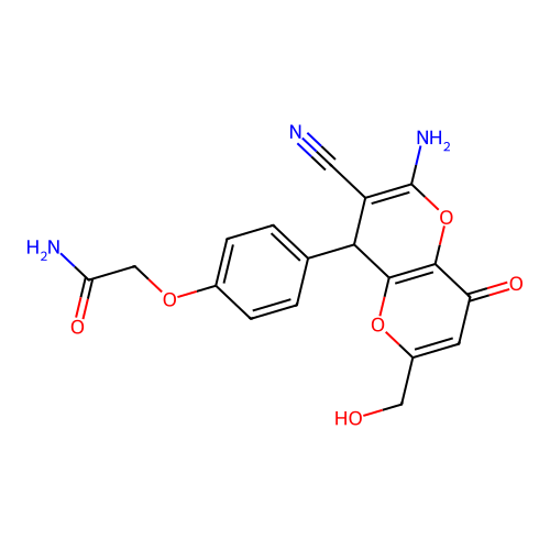 2-{4-[2-amino-3-cyano-6-(hydroxymethyl)-8-oxo-4,8-dihydropyrano[3,2-b]pyran-4-yl]phenoxy}acetamide structure