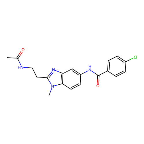 N-[2-(2-acetamidoethyl)-1-methylbenzimidazol-5-yl]-4-chlorobenzamide structure