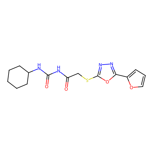 N-[(Cyclohexylamino)carbonyl]-2-[[5-(2-furanyl)-1,3,4-oxadiazol-2-yl]thio]acetamide structure