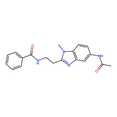 N-{1-methyl-2-[2-(phenylcarbonylamino)ethyl]benzimidazol-5-yl}acetamide structure