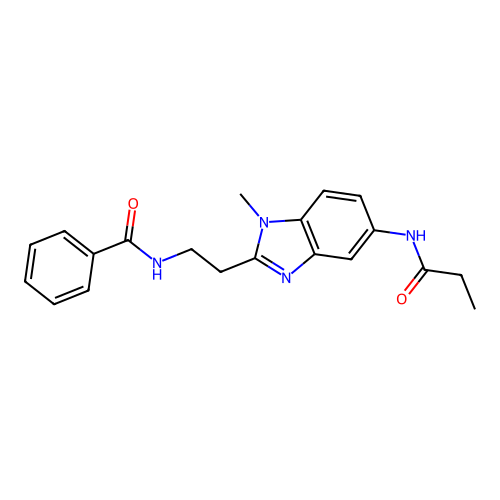 N-{2-[1-methyl-5-(propanoylamino)-1H-benzimidazol-2-yl]ethyl}benzamide structure