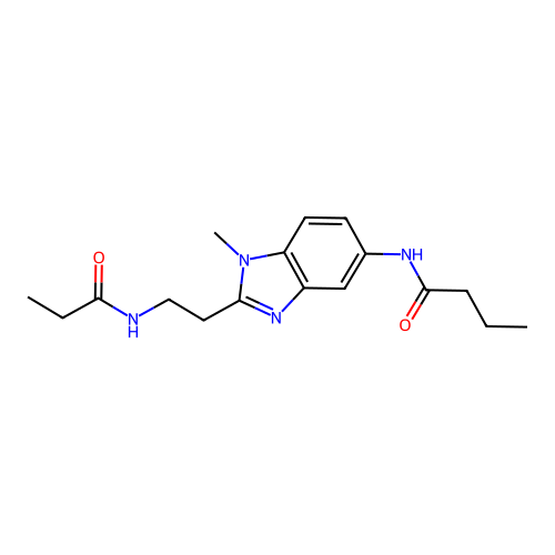 N-{1-methyl-2-[2-(propanoylamino)ethyl]benzimidazol-5-yl}butanamide structure