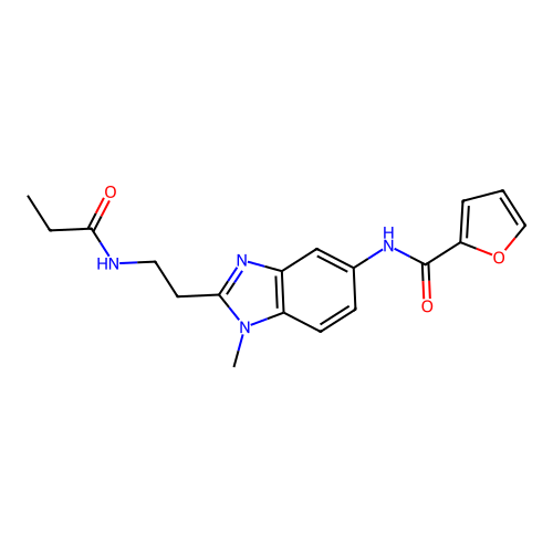 N-[1-methyl-2-[2-(propanoylamino)ethyl]benzimidazol-5-yl]furan-2-carboxamide structure