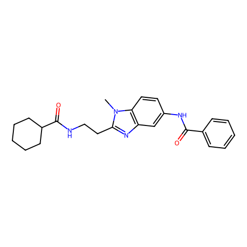 N-[2-[2-(cyclohexanecarbonylamino)ethyl]-1-methylbenzimidazol-5-yl]benzamide structure