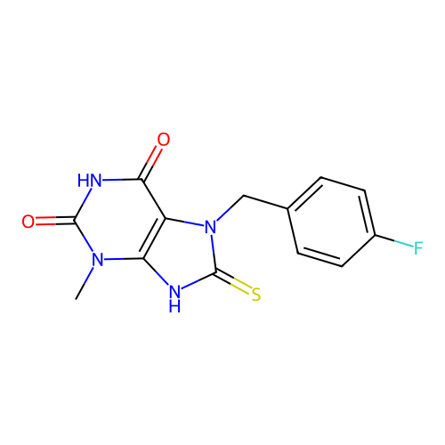 7-(4-fluorobenzyl)-8-mercapto-3-methyl-1H-purine-2,6(3H,7H)-dione structure