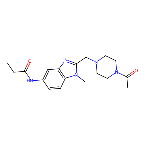 N-{2-[(4-acetylpiperazinyl)methyl]-1-methylbenzimidazol-5-yl}propanamide structure