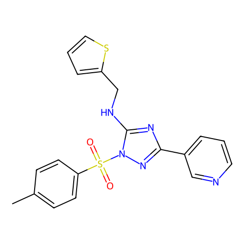 3-(pyridin-3-yl)-N-(thiophen-2-ylmethyl)-1-tosyl-1H-1,2,4-triazol-5-amine structure