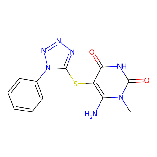 6-amino-1-methyl-5-[(1-phenyl-1H-tetrazol-5-yl)thio]pyrimidine-2,4(1H,3H)-dione structure