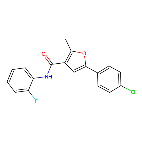 5-(4-chlorophenyl)-N-(2-fluorophenyl)-2-methylfuran-3-carboxamide structure