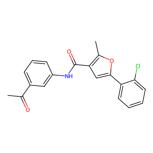 N-(3-acetylphenyl)-5-(2-chlorophenyl)-2-methylfuran-3-carboxamide structure