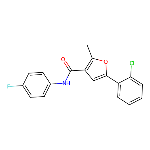 5-(2-chlorophenyl)-N-(4-fluorophenyl)-2-methylfuran-3-carboxamide structure