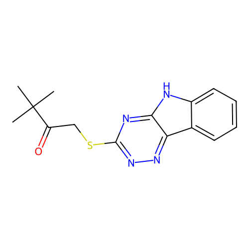 3,3-dimethyl-1-(5H-[1,2,4]triazino[5,6-b]indol-3-ylsulfanyl)butan-2-one structure