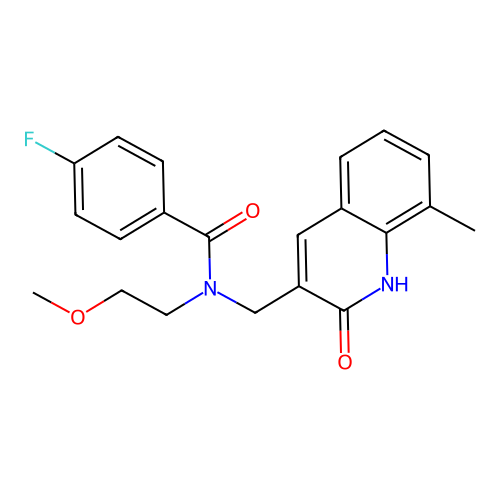 4-fluoro-N-((2-hydroxy-8-methylquinolin-3-yl)methyl)-N-(2-methoxyethyl)benzamide structure