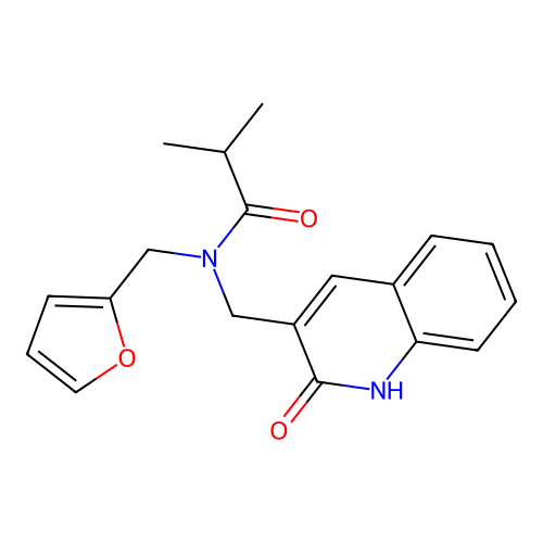N-(furan-2-ylmethyl)-2-methyl-N-[(2-oxo-1H-quinolin-3-yl)methyl]propanamide structure