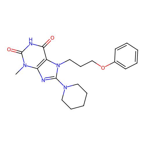 3-methyl-7-(3-phenoxypropyl)-8-(piperidin-1-yl)-1H-purine-2,6(3H,7H)-dione structure