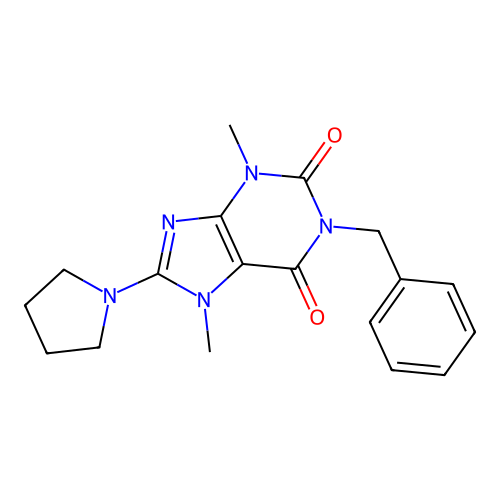 1-benzyl-3,7-dimethyl-8-(pyrrolidin-1-yl)-1H-purine-2,6(3H,7H)-dione structure
