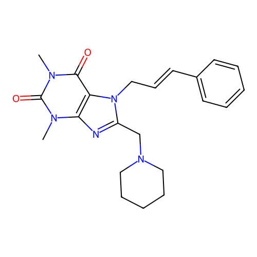 7-cinnamyl-1,3-dimethyl-8-(piperidin-1-ylmethyl)-1H-purine-2,6(3H,7H)-dione structure