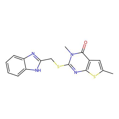 2-(1H-benzimidazol-2-ylmethylsulfanyl)-3,6-dimethylthieno[2,3-d]pyrimidin-4-one structure