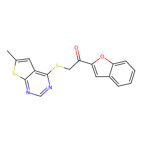 1-(Benzofuran-2-yl)-2-((6-methylthieno[2,3-d]pyrimidin-4-yl)thio)ethanone structure