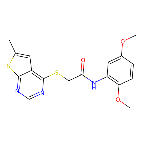 N-(2,5-dimethoxyphenyl)-2-(6-methylthieno[2,3-d]pyrimidin-4-yl)sulfanylacetamide structure